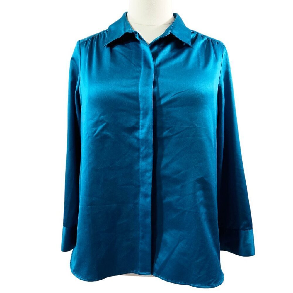 Coldwater Creek Teal Blue Satin Button-Up Shirt Hidden Buttons Dressy